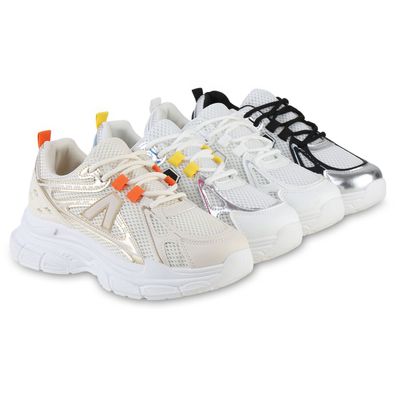 VAN HILL Damen Plateau Sneaker Schnürer Metallic Profil-Sohle Schuhe 841567