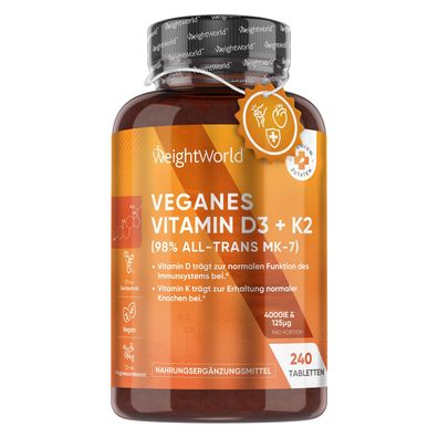 Vitamin D3 + K2-4000 I.E. vegane Tabletten - 240 Stück- 1 Tablette/4 Tage-WeightWorld