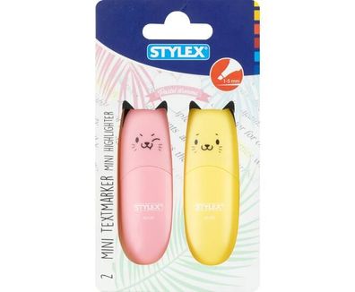 Mini Textmarker 2er-Pack Katzendesign GELB und ROSA Pastell