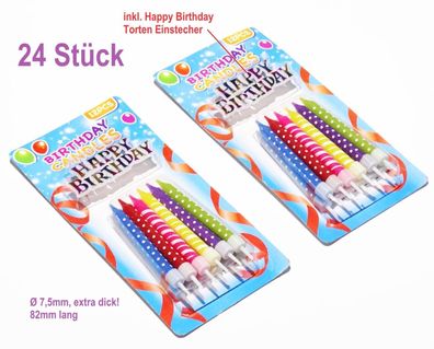 24x Geburtstag Torte Kerzen extra dick & lang mit Happy Birthday Einstecher