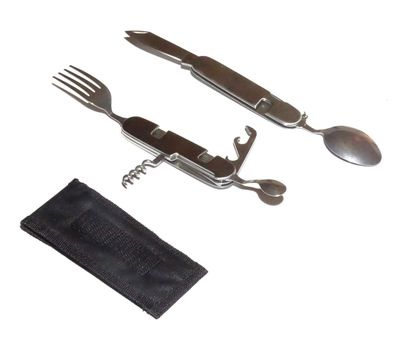 Camping Besteck im Taschenmesser Format mit Tasche Löffel Gabel etc
