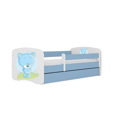 Kinderbett blauer Teddybär Blumen mit Schublade und Matratze 160/80cm