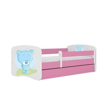 Kinderbett blauer Teddybär Blumen mit Schublade und Matratze 140/70cm