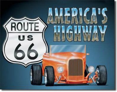 Blechschild 31 x 40, Route 66 Roadster, USA Werbeschild Art. #729