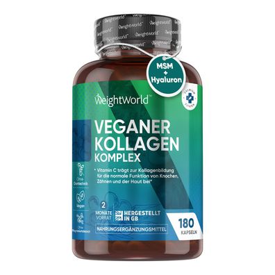 Vegan Kollagen Kapseln - Mit Hyaluron, Zink, MSM, Vitamin C & E - 180 Kapseln