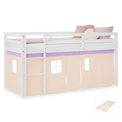 Hochbett Kinder 90x200 cm mit Lattenrost Kinderbett Kinderhochbett Stockbett Vorha