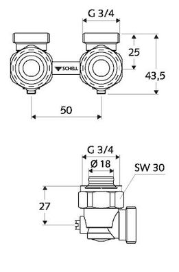 SCHELL Doppel-Anschlusshahn für VHK Eckform, absp., G 3/4 AG, mattnickel 142020499