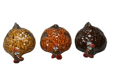 Huhn Steingut 3fach sort. braun/natur Kantenhocker Ostern Ø12cm H8cm Osterdekoration