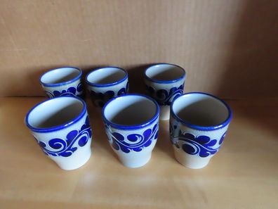 Becher Weinbecher Keramik braun blaues Muster blauer Rand 8,8 cm H/6St
