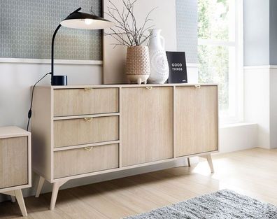 BETTSO Kommode Breiter mit Goldgriffe für das Wohnzimmer FIRR Sandbeige + Herringbone