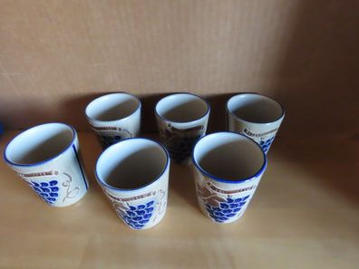 Becher Weinbecher Keramik braun Muster Weinrebe blauer Rand 9 cm H/6St
