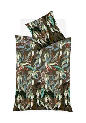 Fleuresse Mako-Satin Bettwäsche 200x200 Blätter Rispen grün braun Wende 114300-5