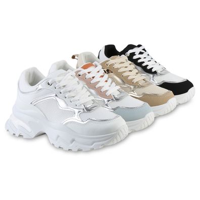VAN HILL Damen Plateau Sneaker Schnürer Metallic Profil-Sohle Schuhe 841536