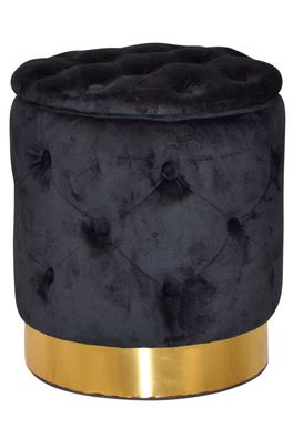 Runder Polsterhocker, Sitzhocker mit Stauraum, Samtbezug schwarz