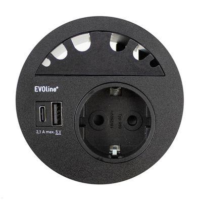 EVOline Circle80 Einbausteckdose mit USB-Doppelcharger A/C, Kabelführung, schwar