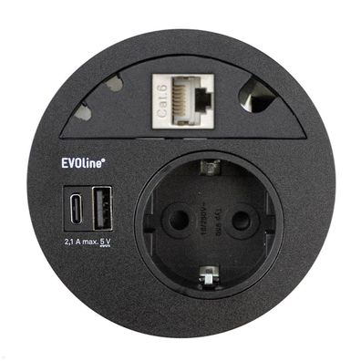 EVOline Circle80 Einbausteckdose mit USB-Doppelcharger A/C, Blende CAT6A, schwar