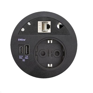 EVOline Circle80 Einbausteckdose mit USB-Charger A/C, Blende CAT6A, schwarz