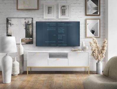 BETTSO TV-Schrank TV-Kommode TV-Möbel TV-Regal NOVA RTV-154 Weiß auf Goldenrahmen