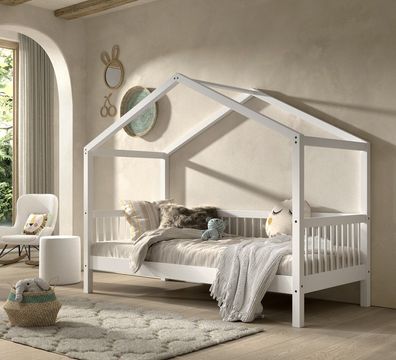 Hausbett Spielbett Kinderbett 90x200 Kindermöbel Lattenrost Buche massiv weiß