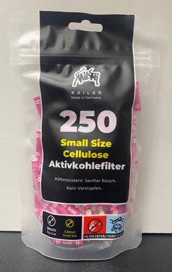 Kailar - Cellulose Slim Aktivkohlefilter ø 6mm 250 Stück Pink + 2x Blättchen