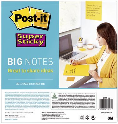 Post-it® SuperSticky BN11-EU Haftnotiz Big Notes - 27,9 x 27,9 cm, neongelb, blank