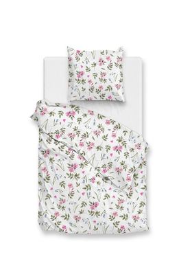 Zo! Home Cotton Bettwäsche 155x220 Sierra White Blütenzweige Blätter pink grün