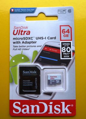 NEU: 64 GB SanDisk Ultra microSDXC UHS-I 64GB micro SDXC bis zu 80MB/ s