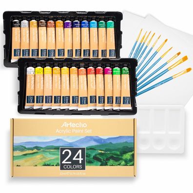 Artecho - Acrylfarben Set - 24x22ml Acrylfarben + 10 Pinsel + 2 Malkartons + 1Palette