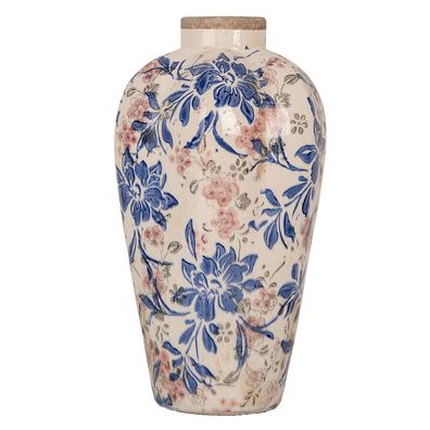 Clayre & Eef Vase Ø 17x30 cm Beige Blau Keramik Blumen (Gr. Ø 17x30 cm)