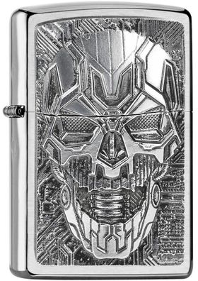 Zippo Feuerzeug Skull Trick Technik - Chrom Gebürstet mit Transformers-Plakette