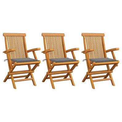 vidaXL Gartenstühle mit Grauen Kissen 3 Stk. Massivholz Teak