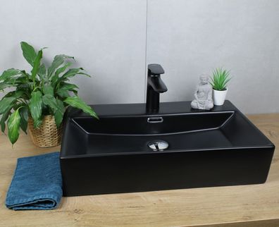 HAGO® Keramik Waschbecken eckig 600x365x130 mm schwarz matt mit Überlauf Aufsatz