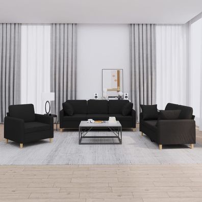 vidaXL 3-tlg. Sofagarnitur mit Kissen Schwarz Stoff