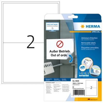 Herma Etiketten ablösbar 199,6 x 143,5 mm weiss 25 Bl 50 Etik. LaserInkCopy