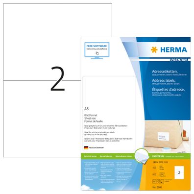 Herma Etiketten für Adressen permanent haftend 148 x 105 mm weiss 400 Bl 800 Etik