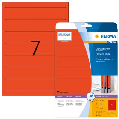 Herma Ordnerrückenschilder permanent haftend 192 x 38 mm rot 20 Bl 140 Etik. Laser