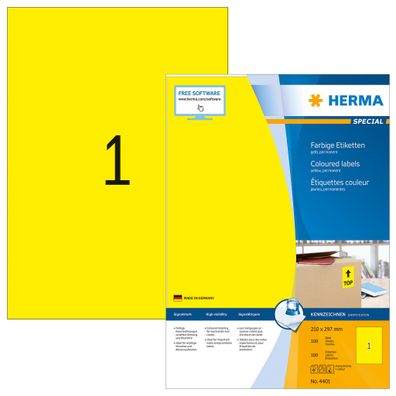 Herma Etiketten permanent haftend 210 x 297 mm gelb 100 Bl 100 Etik. LaserInkCopy