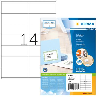 Herma Etiketten permanent haftend 105 x 41 mm weiss Premium 100 Bl 400 Etik. Laser