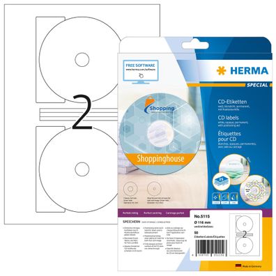 Herma Etiketten für CD Maxi permanent haftend Ø 116/18,5 mm weiss 25 Bl 50 Etik