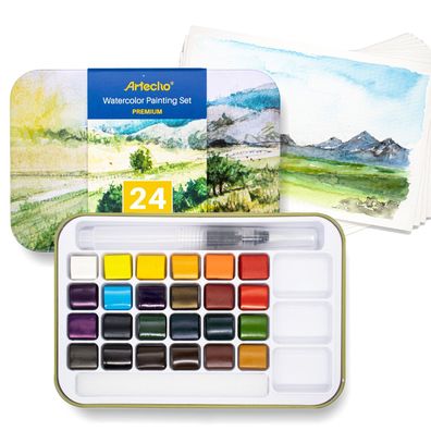 Artecho - Aquarellfarben/Wasserfarben Set - mit Aquarellpapieren & Pinsel