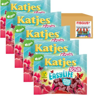 Katjes EasyLife- Sour - vegan - weniger Zucker, 5 Packungen à 160 g