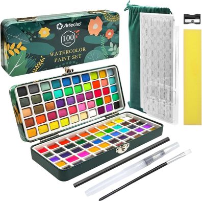 Artecho - Aquarellfarben Set - 100 Wasserfarben mit Aquarellpapieren & Pinseln