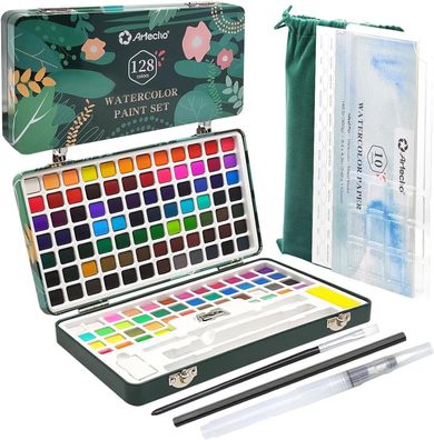 Artecho - Aquarellfarben Set - 128 Wasserfarben mit Aquarellpapieren & Pinseln