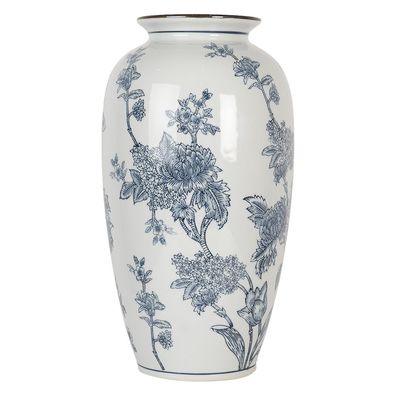 Clayre & Eef Vase Ø 19x37 cm Weiß Blau Keramik Blumen (Gr. Ø 19x37 cm)