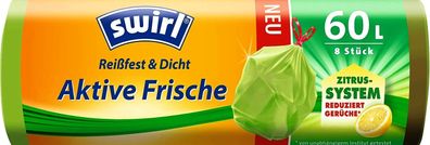 Swirl 60 Liter Müllbeutel aktive Frische mit Zugband R+D, (8/Rolle)