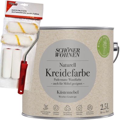 2,5L Schöner Wohnen Naturell Kreidefarbe Küstennebel, Weiches Graubeige + Farbro