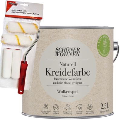 2,5L Schöner Wohnen Naturell Kreidefarbe Wolkenspiel, Kühles Grau + Farbroller-S