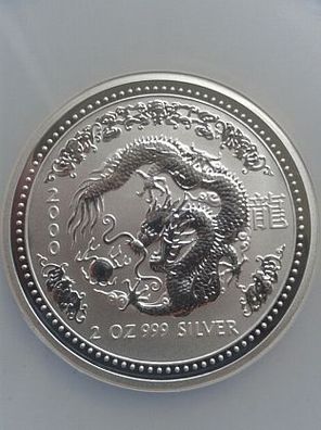2$ Dollars 2 Unzen 62, 2g Silber 2000 Australien Lunar Drache dragon eingeschweisst