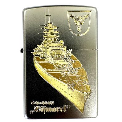 Zippo Schlachtschiff Bismarck - Satin Finish - Diamantgravur Sturmfeuerzeug, Chrom