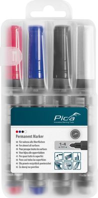 Pica 4 x Permanent Marker Set 1-4mm Rot Blau Schwarz Weiß